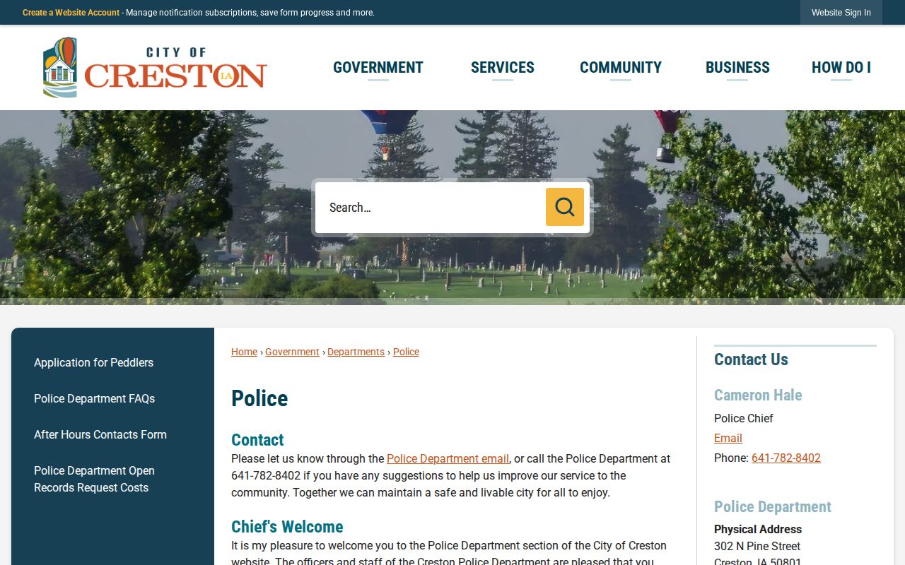 Official Creston Police Department webpage used to locate arrest report contacts