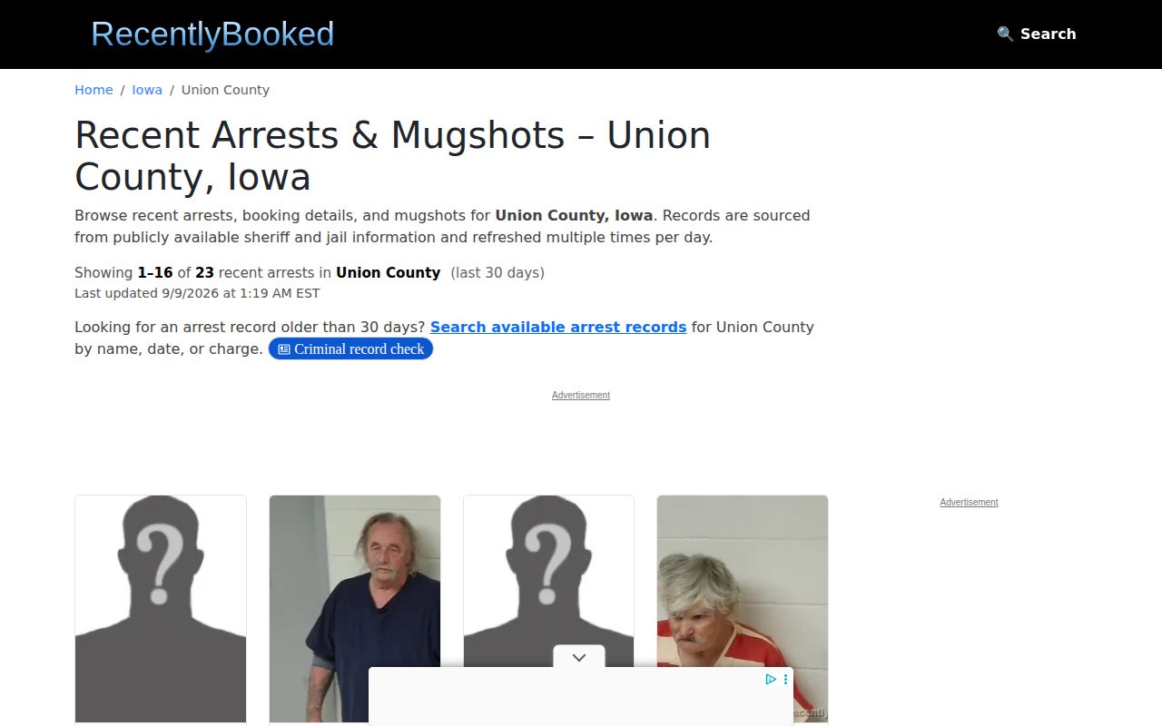 Unofficial Recently Booked Union County Iowa landing page